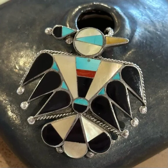 Vintage Old Pawn Zuni Sterling Silver Inlay Thunderbird Pendant Brooch Necklace - Picture 4 of 9